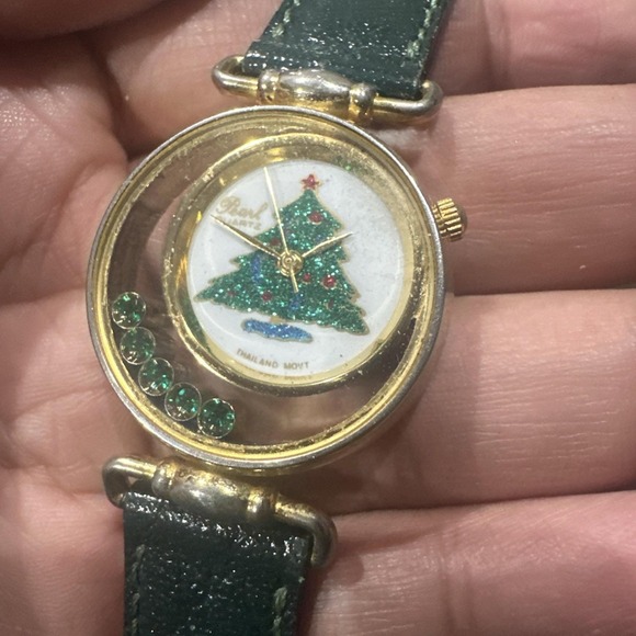 Works Vtg PEARL Christmas Tree Dial Watch Women Quartz Leather NEW BATTERY 30mm - Picture 2 of 9